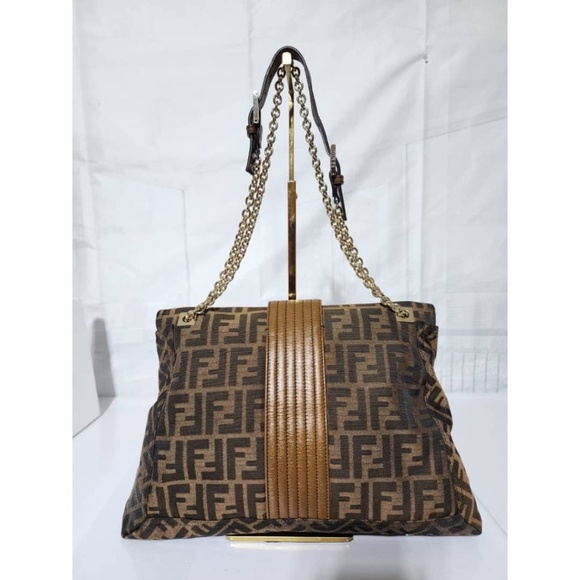Authentic Fendi Tobacco Zucca Canvas and Leather Maxi Baguette Flap Shoulder Bag - Picture 4 of 14